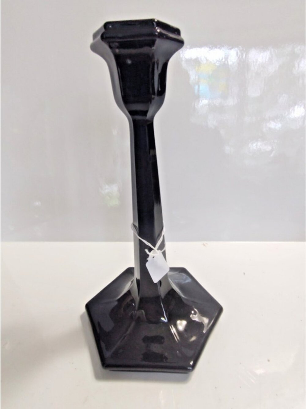 Vintage 1920s L.E. Smith black amethyst glass crown-top candlestick holder